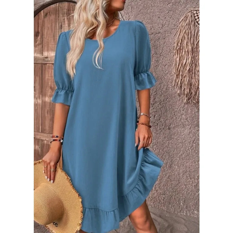EP | Couleur Solide Décontractée Robes Courtes Décontractées Pour Femmes Eté A-Line Robe Midi