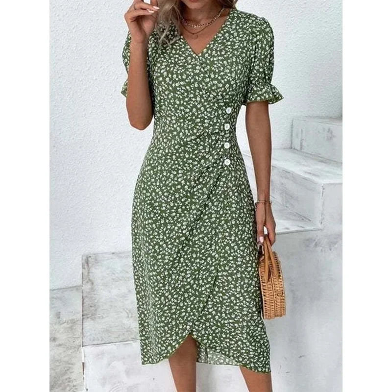 EP | Elégante robe midi florale plissée avec manches bouffantes et décolleté en V