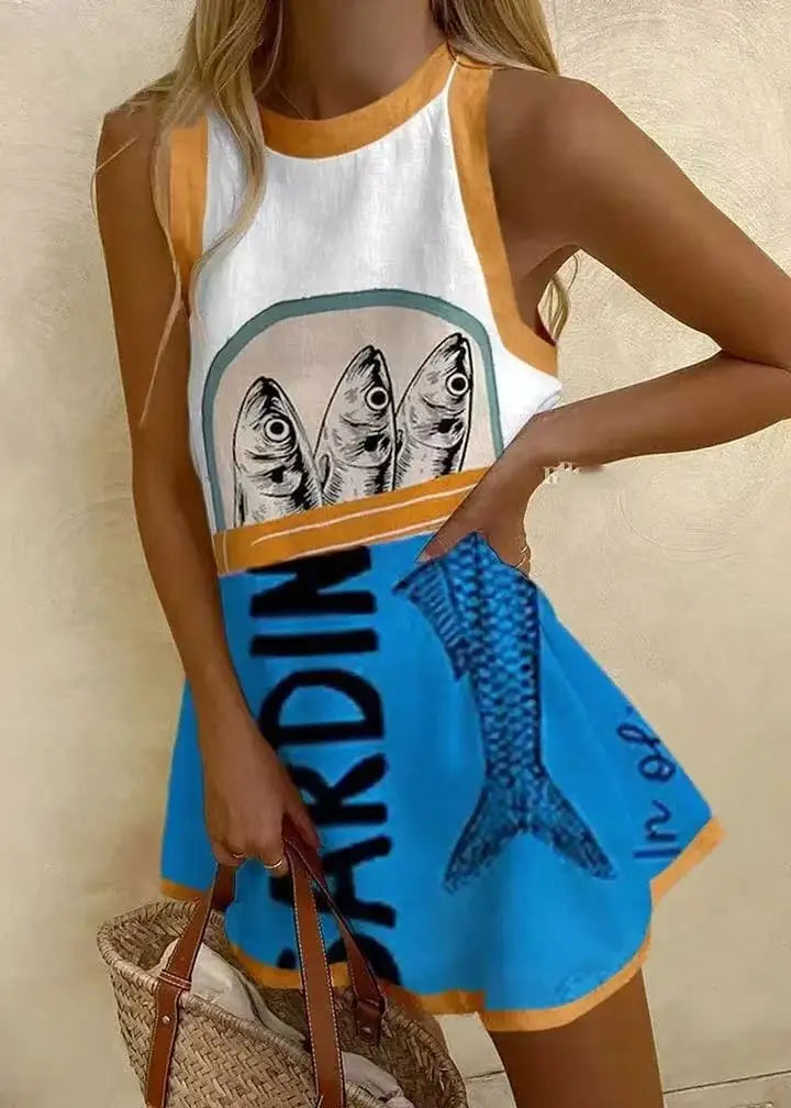EP | Femmes Puzzle Print Robe d'été sans manches au-dessus du genou Mini robe Casual Tank Top Robe de plage pour femmes