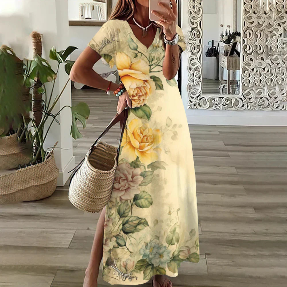 EP | Tournesol Imprimer Floral Graphique Robes pour Femmes Plus Taille Elégante Robe Midi