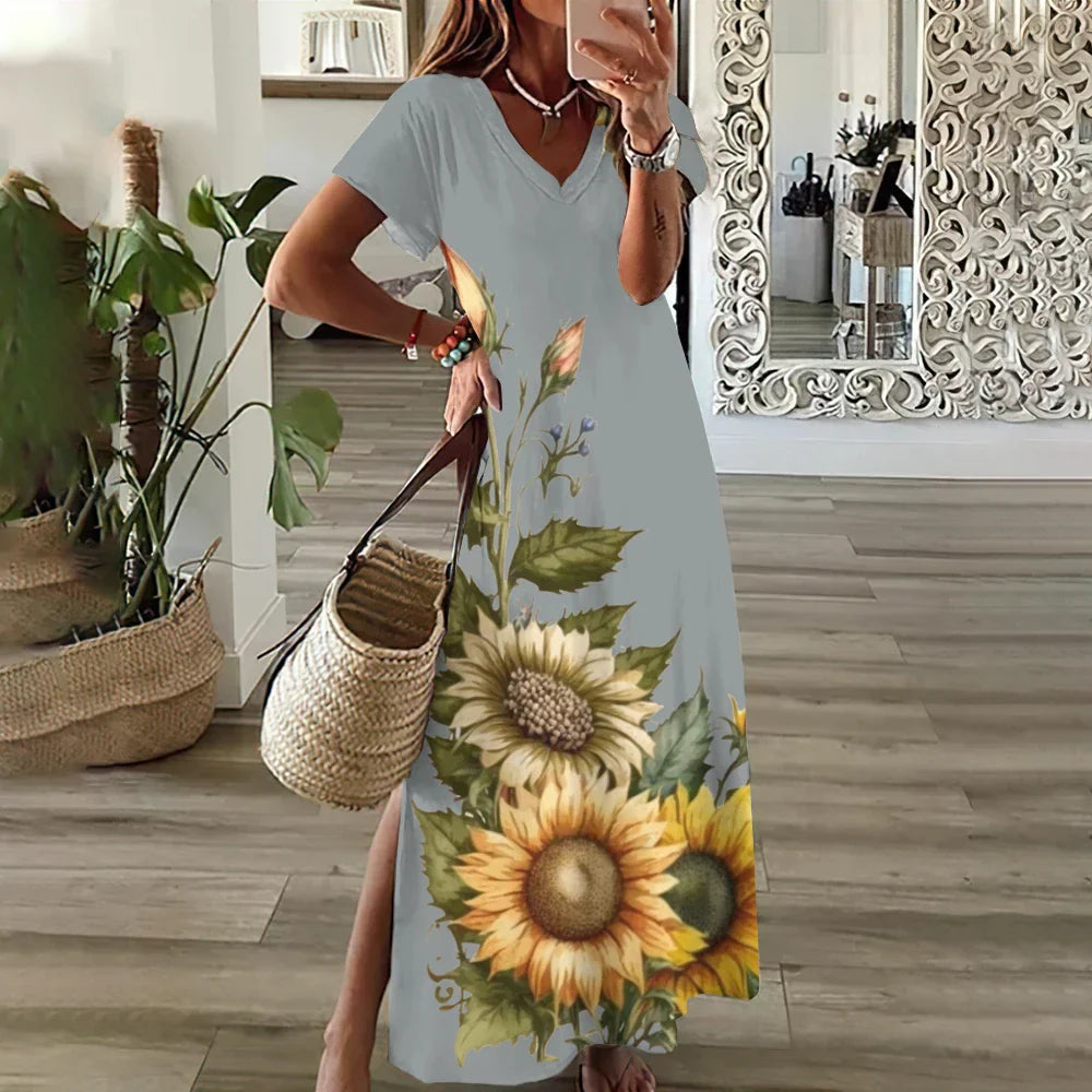 EP | Tournesol Imprimer Floral Graphique Robes pour Femmes Plus Taille Elégante Robe Midi