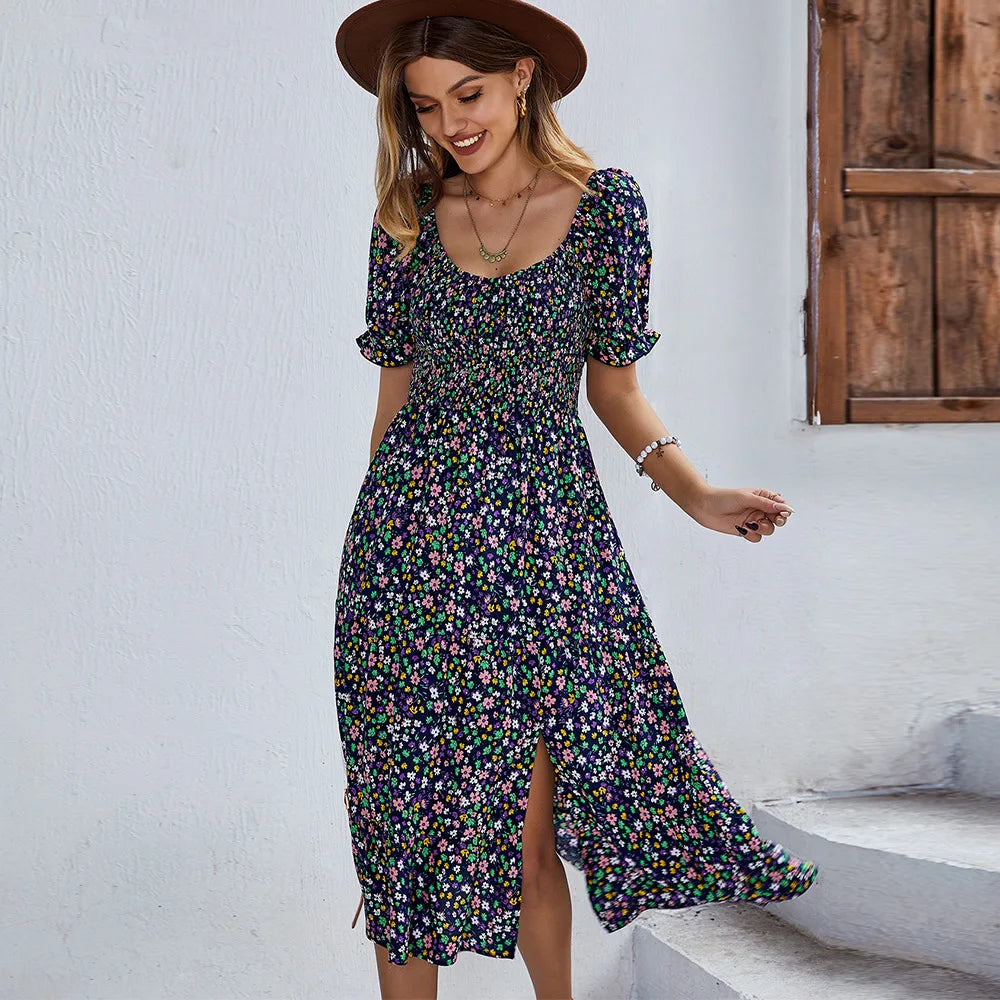 EP | Bohemia Print Robe Femme Nouvelle robe midi été manches bouffantes