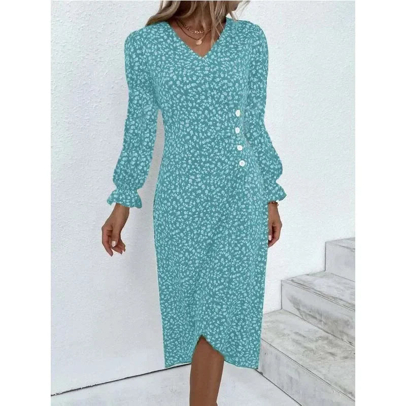 EP | Elégante robe midi florale plissée avec manches bouffantes et décolleté en V