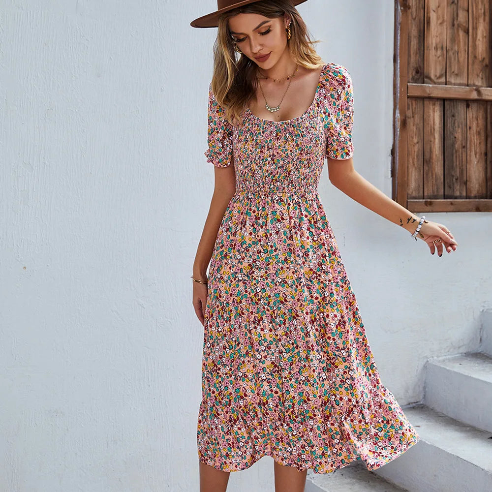 EP | Bohemia Print Robe Femme Nouvelle robe midi été manches bouffantes