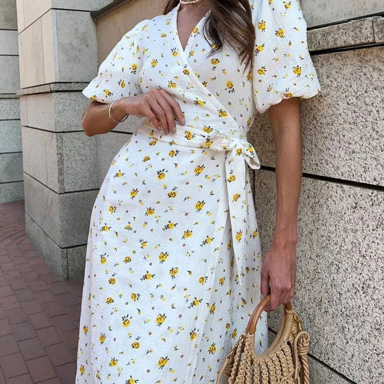 EP | Casual Femmes Robes d'été 100% Coton Imprimé Floral A-Line Robe Midi avec Fentes latérales Longue Robe blanche élégante