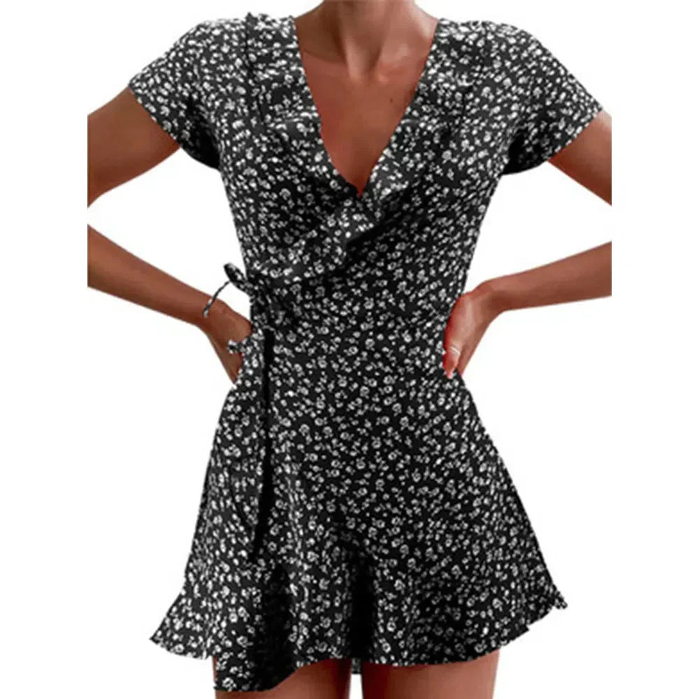 EP | Eté Femme Floral A-Line Robe Elégante Ruffle V-cou Mini-robe