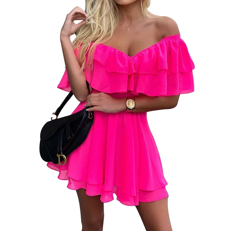 EP | Femmes Robe d'été Manches courtes Off Shoulder Mini Robe Ruffled A Line Beach Dress for Casual and Vacation Wear