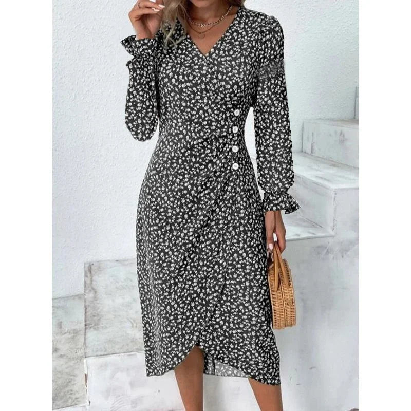 EP | Elégante robe midi florale plissée avec manches bouffantes et décolleté en V