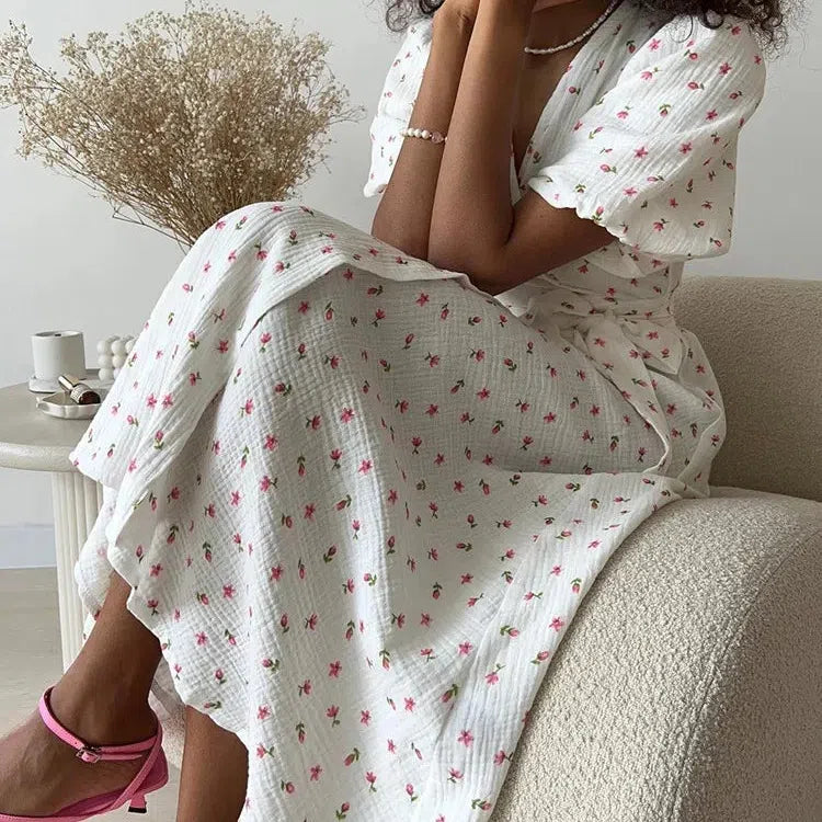 EP | Casual Femmes Robes d'été 100% Coton Imprimé Floral A-Line Robe Midi avec Fentes latérales Longue Robe blanche élégante