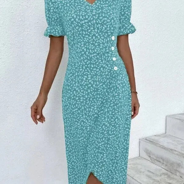 EP | Elégante robe midi florale plissée avec manches bouffantes et décolleté en V