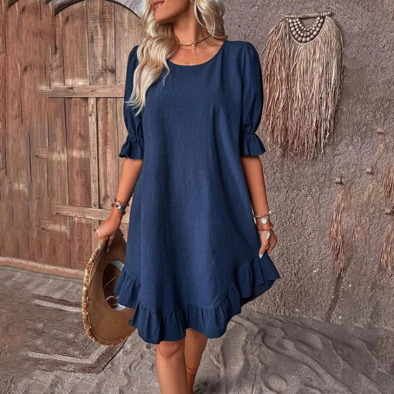 EP | Couleur Solide Décontractée Robes Courtes Décontractées Pour Femmes Eté A-Line Robe Midi