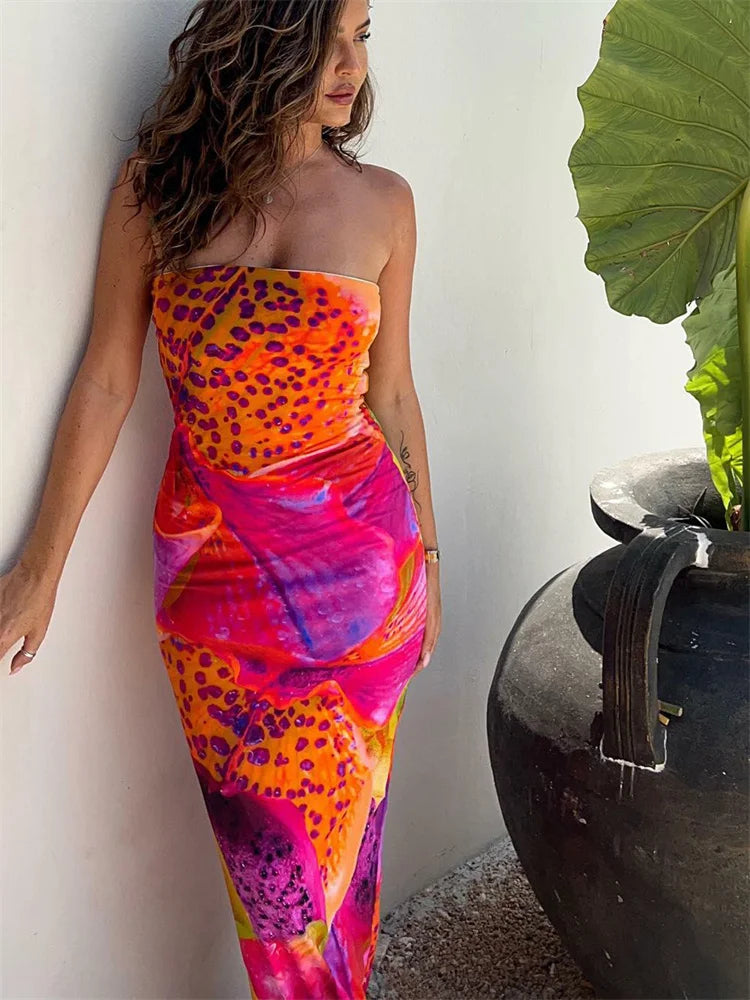 EP | Maxi-robe sans bretelles avec imprimé léopard multicolore