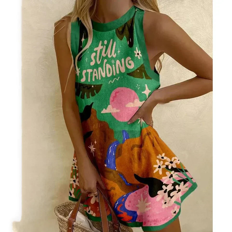 EP | Femmes Puzzle Print Robe d'été sans manches au-dessus du genou Mini robe Casual Tank Top Robe de plage pour femmes