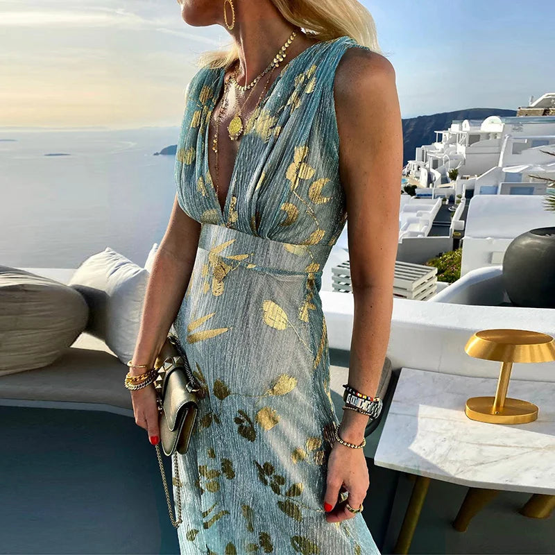 EP | robe longue fluide avec décolleté en V et finitions avec éléments brillants