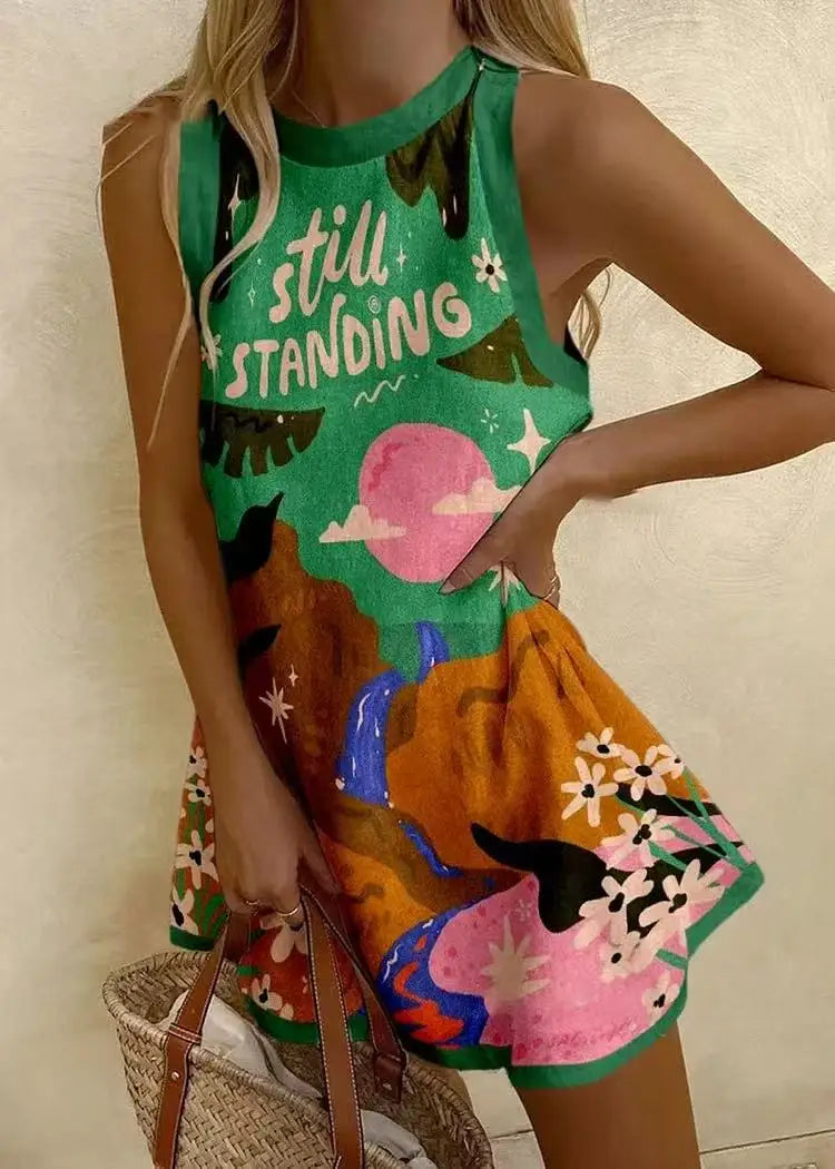 EP | Femmes Puzzle Print Robe d'été sans manches au-dessus du genou Mini robe Casual Tank Top Robe de plage pour femmes