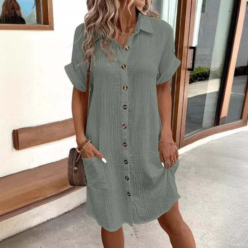 EP | Femmes Eté Casual Col V Bouton Up Robe Mi-longues Manches Courtes Lin Coton Coupe Libre pour Femmes
