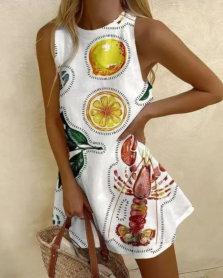 EP | Femmes Puzzle Print Robe d'été sans manches au-dessus du genou Mini robe Casual Tank Top Robe de plage pour femmes