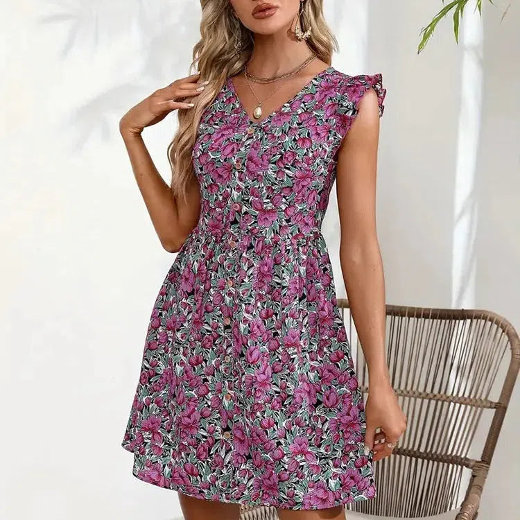 EP | Y.KUKU Brand Imprimé Femmes Mini Robe Tropicale Florale