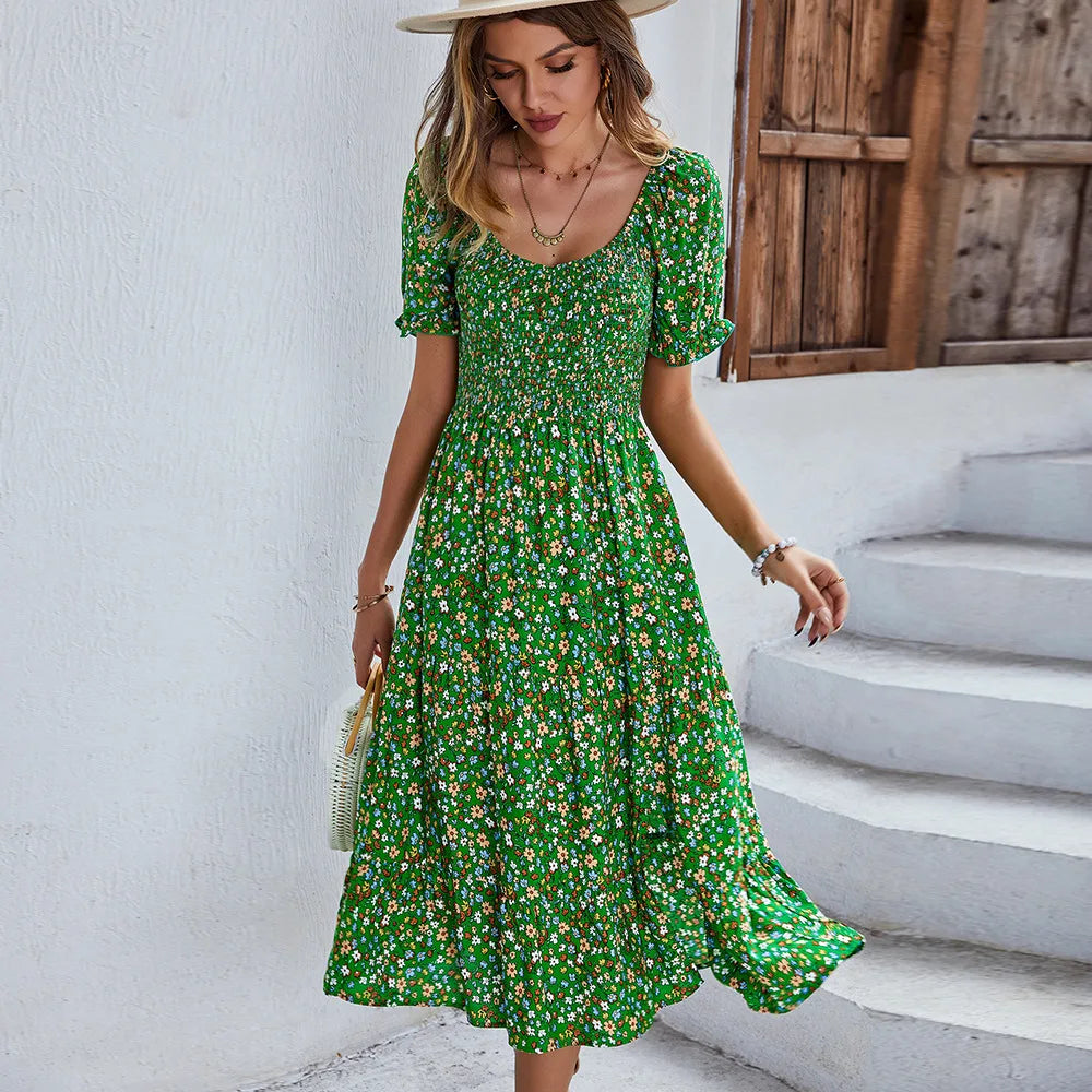 EP | Bohemia Print Robe Femme Nouvelle robe midi été manches bouffantes