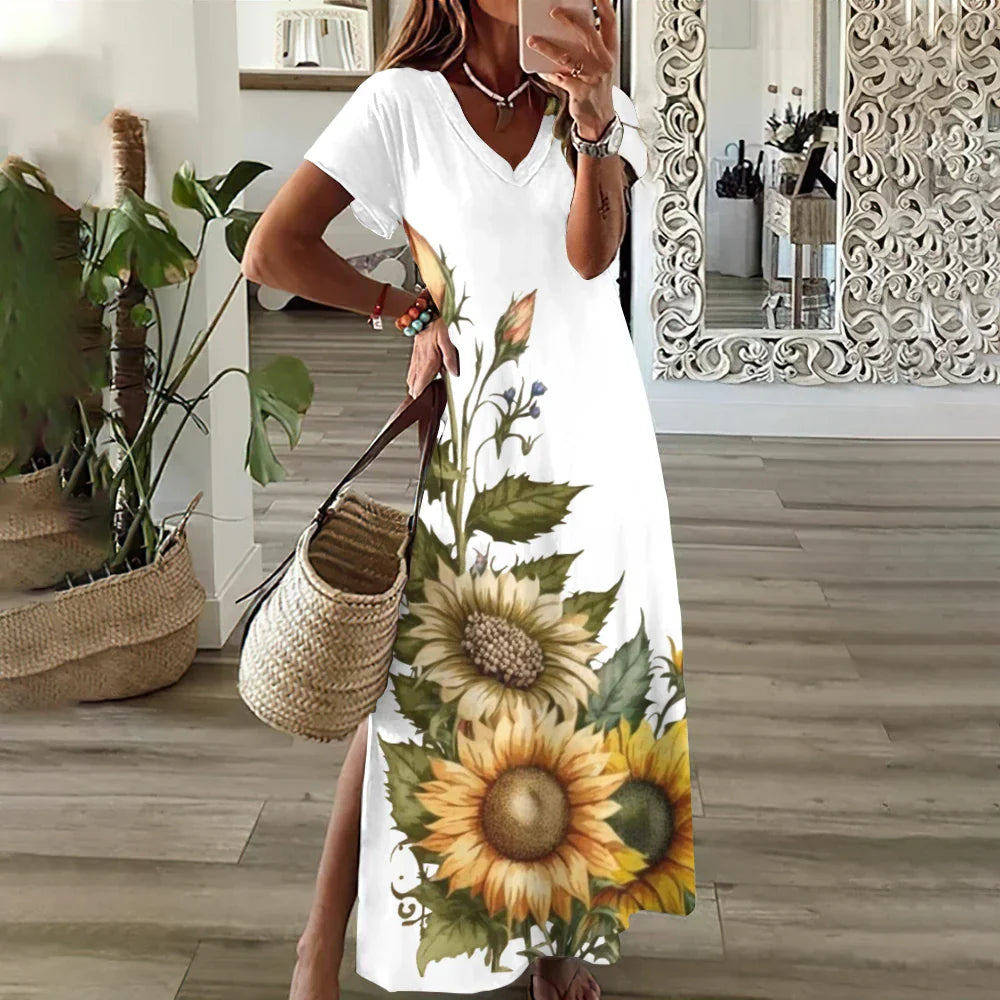 EP | Tournesol Imprimer Floral Graphique Robes pour Femmes Plus Taille Elégante Robe Midi