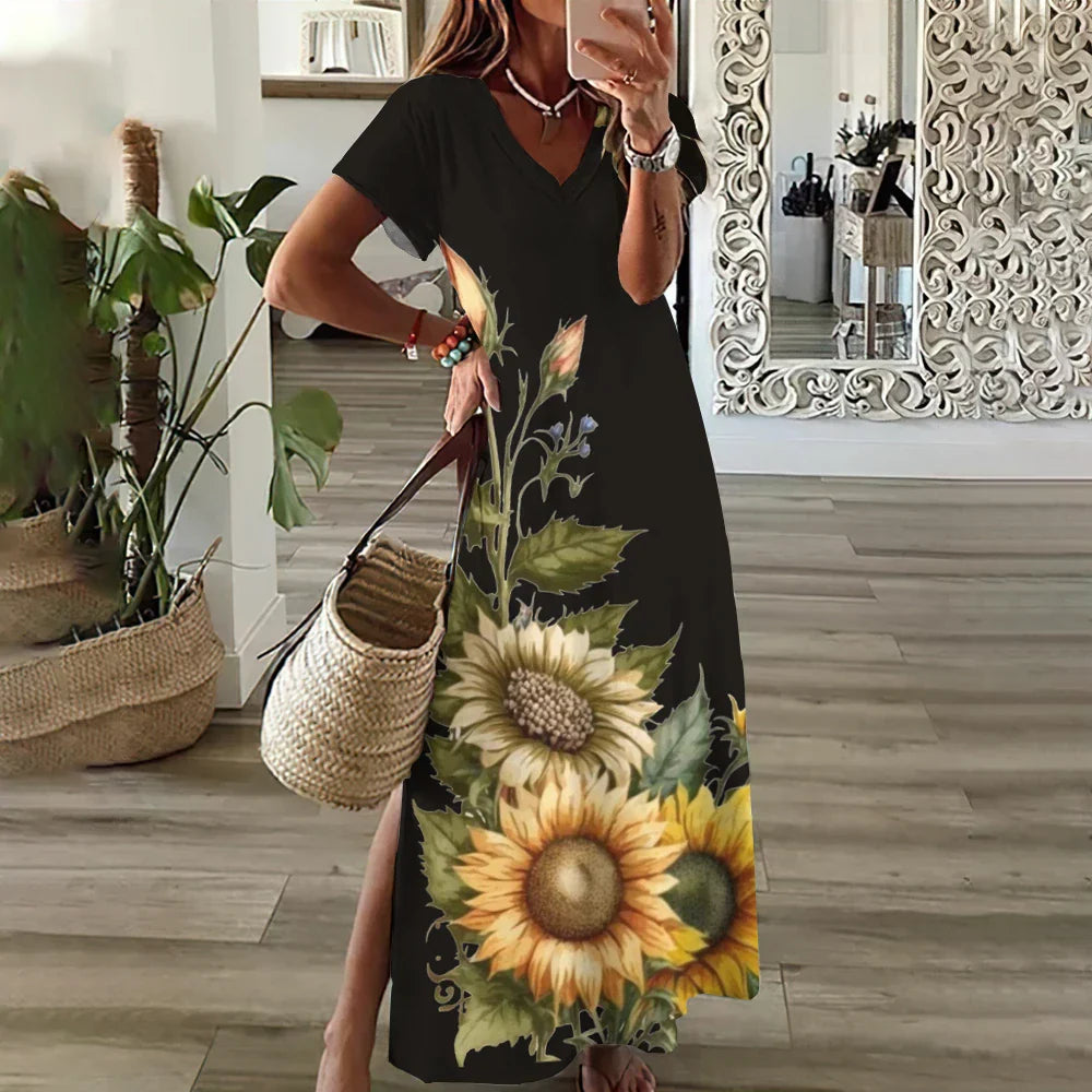 EP | Tournesol Imprimer Floral Graphique Robes pour Femmes Plus Taille Elégante Robe Midi