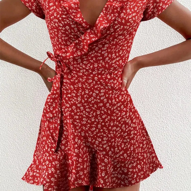EP | Eté Femme Floral A-Line Robe Elégante Ruffle V-cou Mini-robe