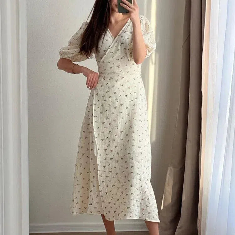 EP | Casual Femmes Robes d'été 100% Coton Imprimé Floral A-Line Robe Midi avec Fentes latérales Longue Robe blanche élégante