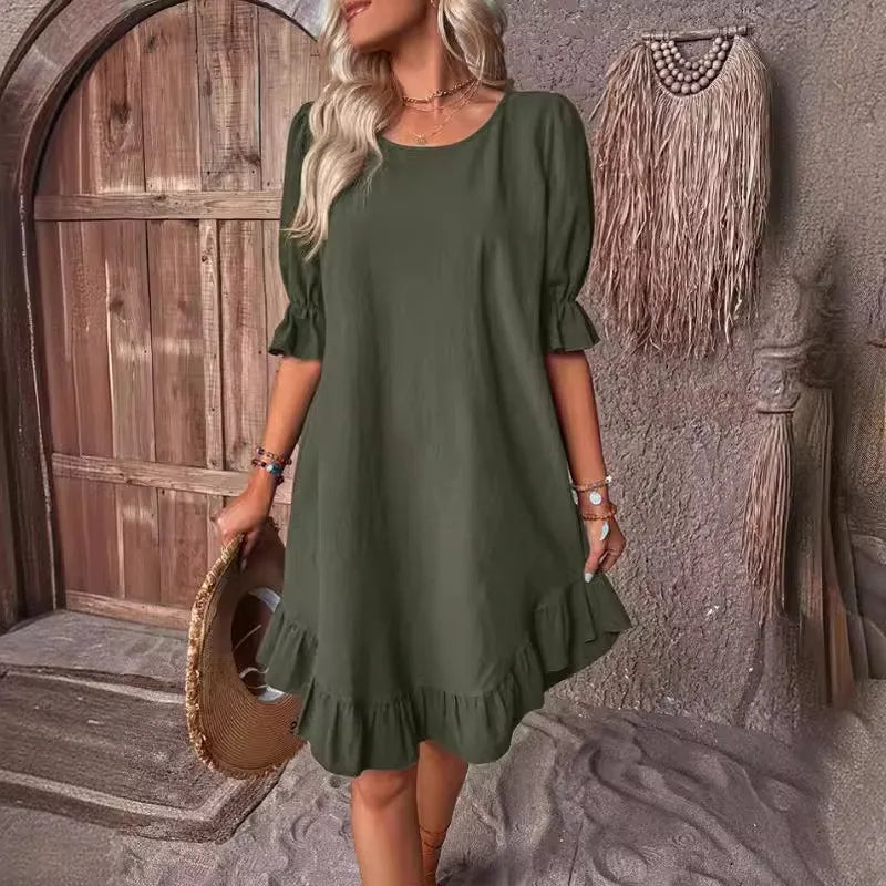 EP | Couleur Solide Décontractée Robes Courtes Décontractées Pour Femmes Eté A-Line Robe Midi