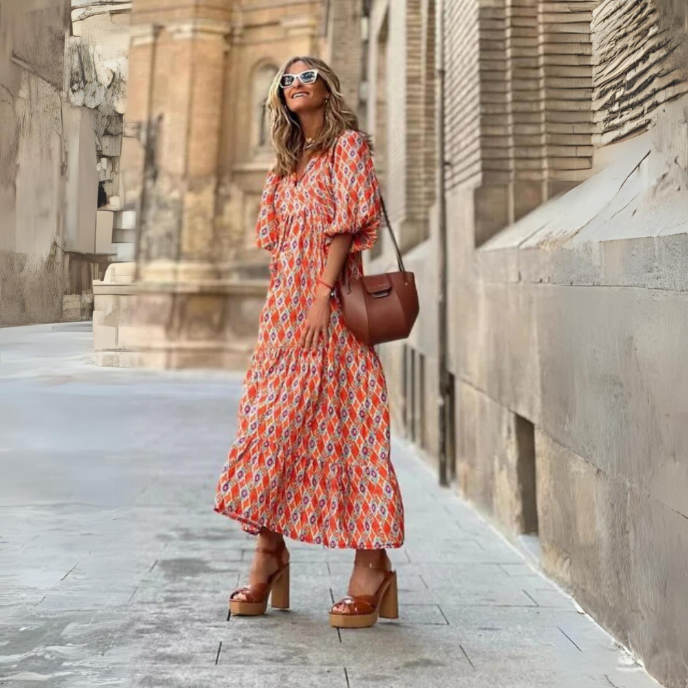 ND | Longue robe printanière à manches bouffantes