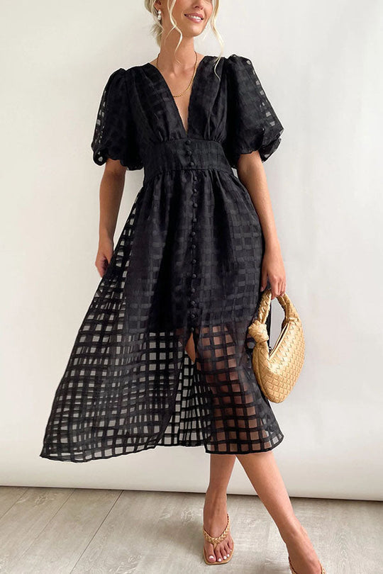 EP | Remarkable Beauty Carré Tissu à motifs Manches bouffantes Robe Midi de fête
