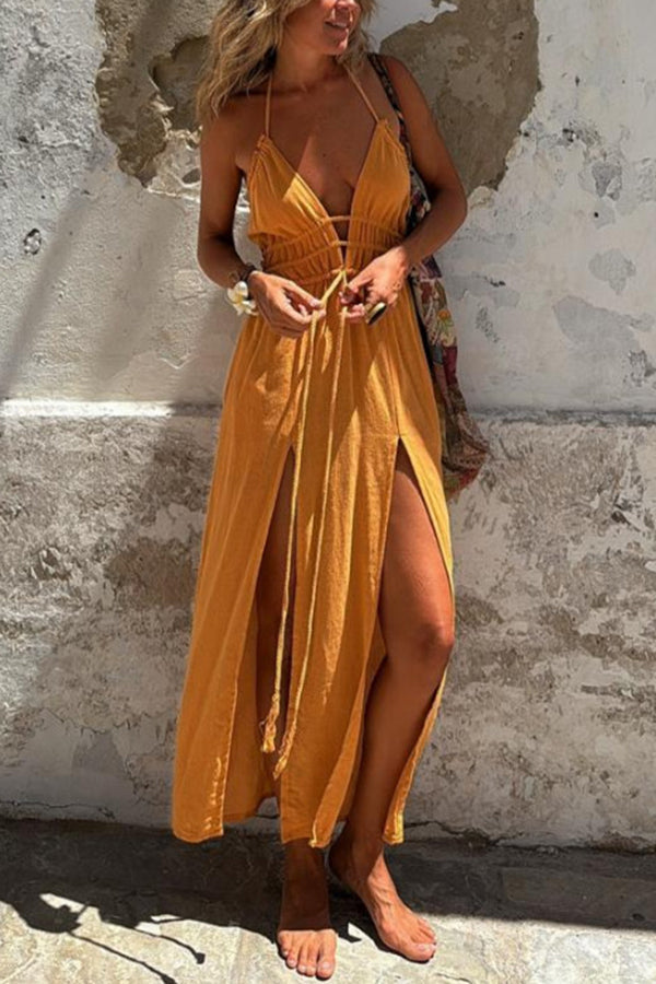 EP | Mélange de lin Taille élastique Halter Dos nu Fente Robe midi