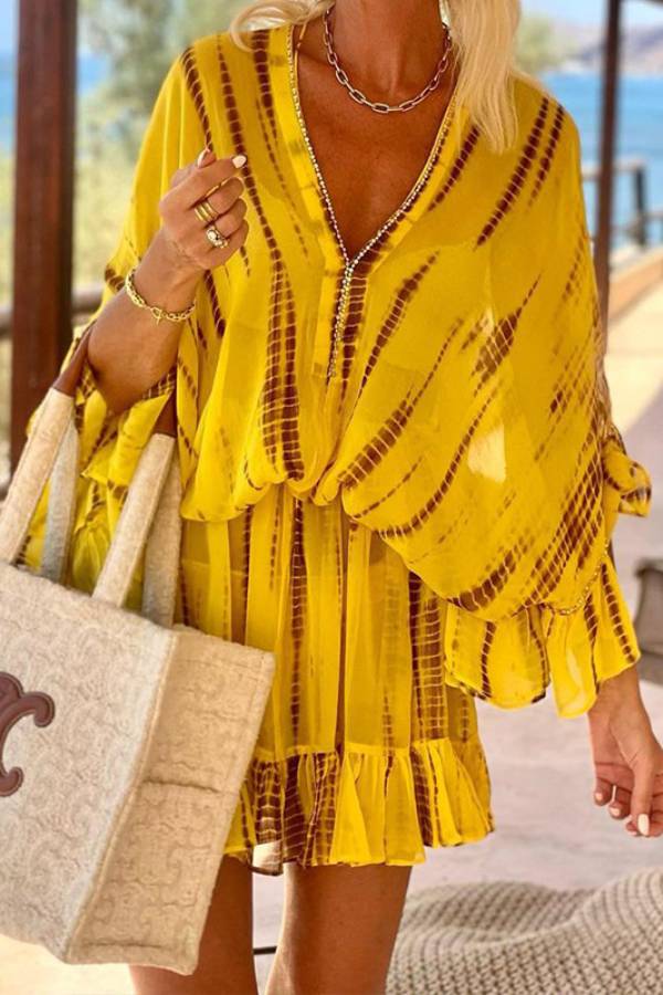 EP | Lemon Flavor Tie Dye Ruffle Batwing Sleeve Elastic Waist Mini-robe de caftan