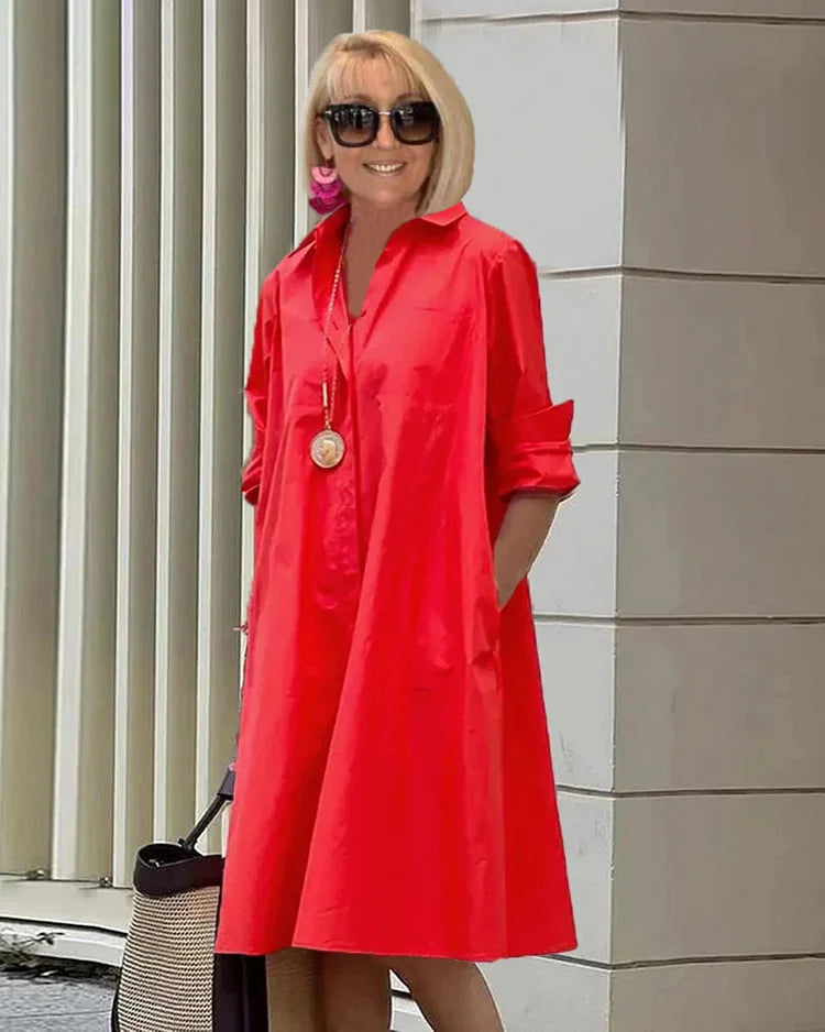 ND | Printemps/Été Nouveau Type de Mode Tempérament Col Chemise Manches Longues Pocket Robe Demi-Longue