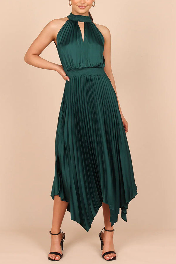 EP | Luxe Look Satin Plissé Halter Taille Elastique Robe Midi