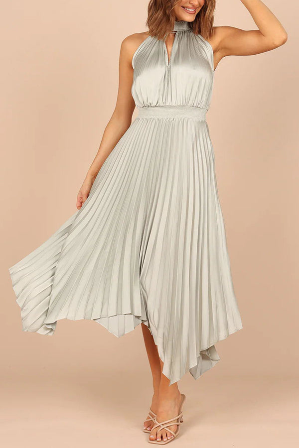 EP | Luxe Look Satin Plissé Halter Taille Elastique Robe Midi