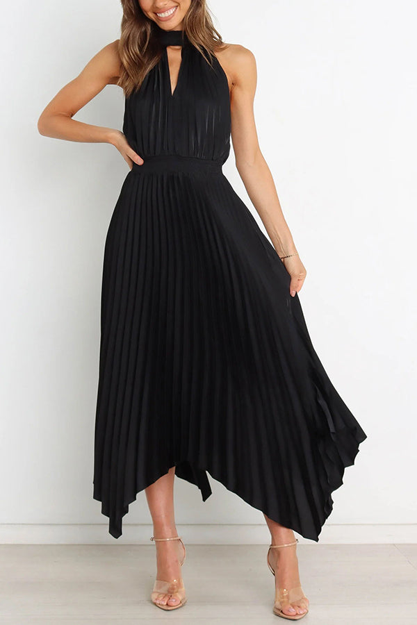 EP | Luxe Look Satin Plissé Halter Taille Elastique Robe Midi