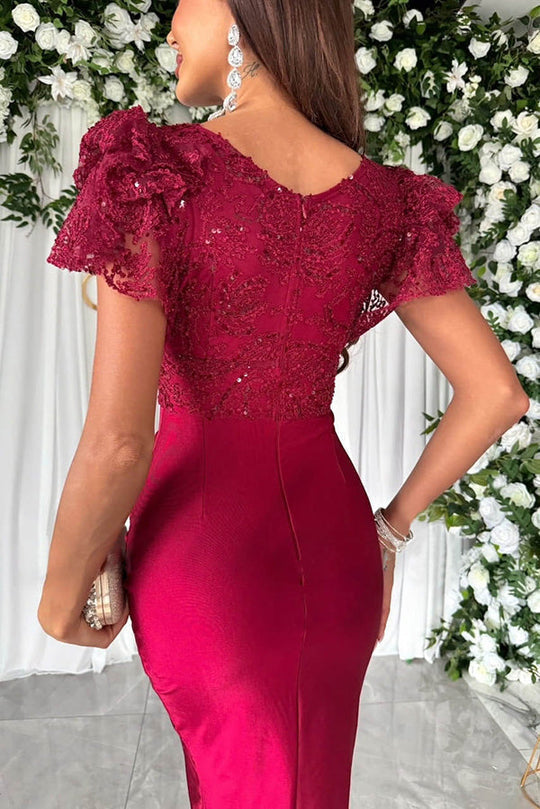 EP | Dreamy dentelle de luxe et de satin à volants manches ruchées robe midi