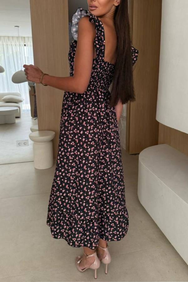 EP | Floral Print Encolure carrée Robe midi plissée au dos
