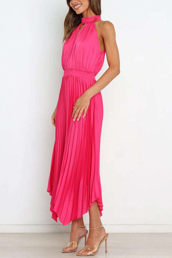 EP | Luxe Look Satin Plissé Halter Taille Elastique Robe Midi