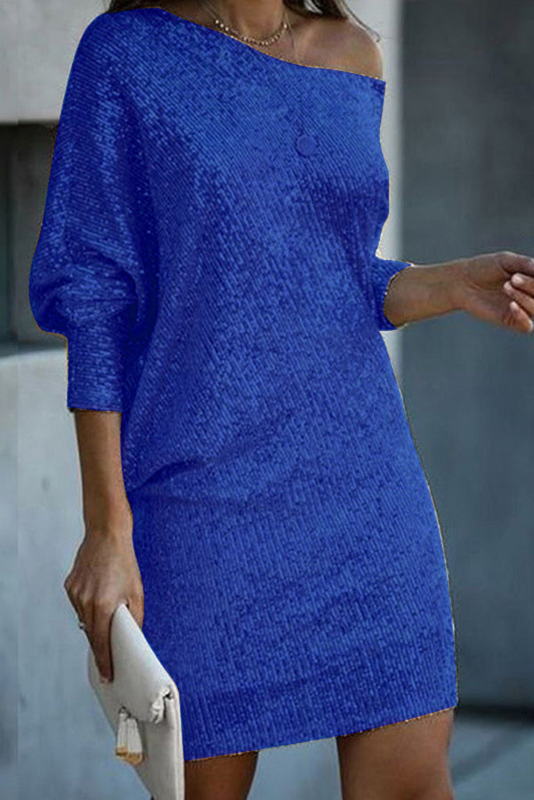 EP | Paillettes solides Off-shoulder Mini Robe en vrac