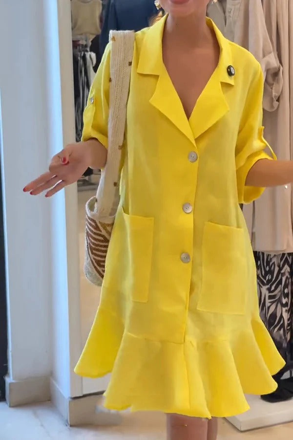 EP | Couleur solide Casual Revers de poche Ruffle Lose Mini Robe