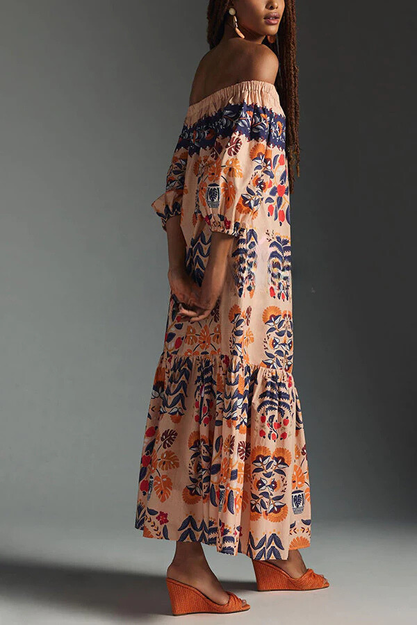 EP | Island Lover Robe midi fluide imprimée, épaules nues