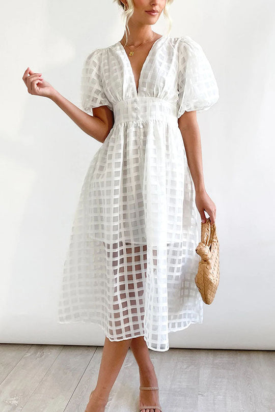 EP | Remarkable Beauty Carré Tissu à motifs Manches bouffantes Robe Midi de fête