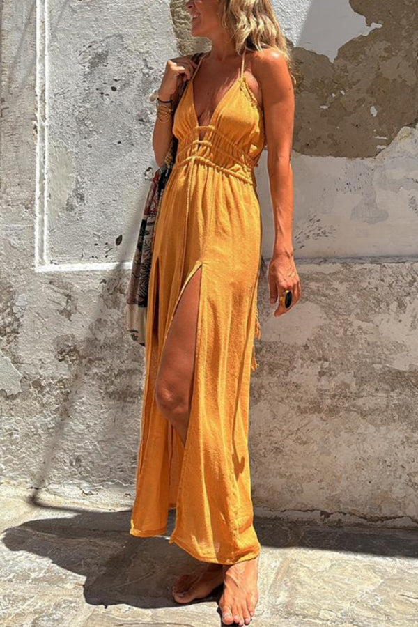 EP | Mélange de lin Taille élastique Halter Dos nu Fente Robe midi