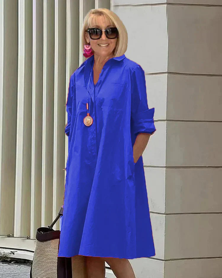 ND | Printemps/Été Nouveau Type de Mode Tempérament Col Chemise Manches Longues Pocket Robe Demi-Longue
