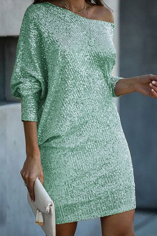 EP | Paillettes solides Off-shoulder Mini Robe en vrac