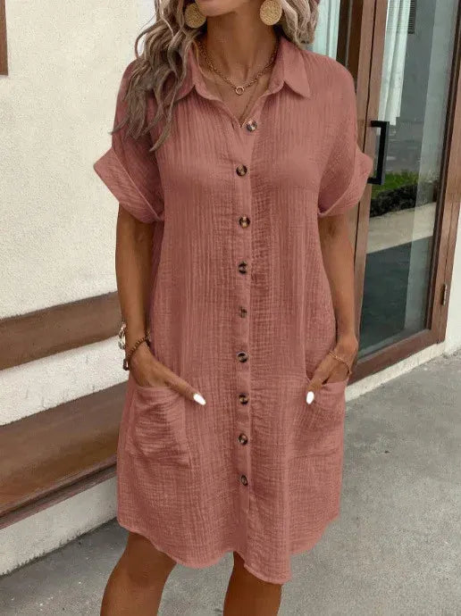 ND | Femme Coton Lin Chemise Robe Revers Manches Courtes Robe Unique