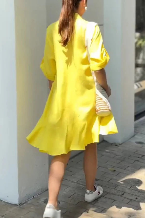 EP | Couleur solide Casual Revers de poche Ruffle Lose Mini Robe
