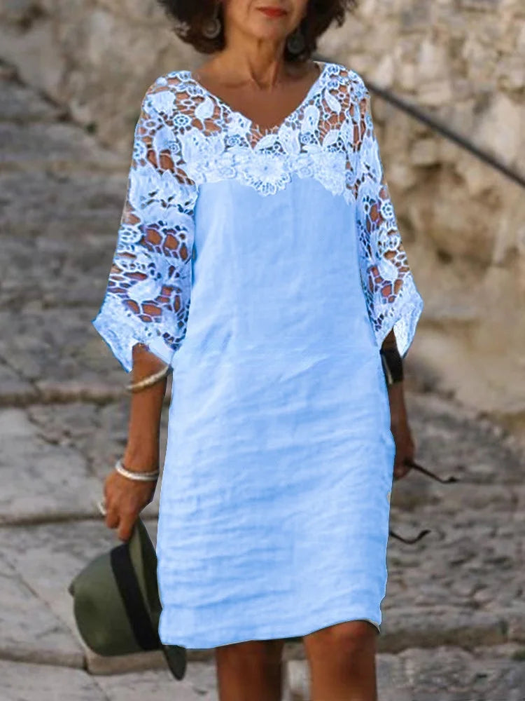 ND | Robe simple col en coton et lin à manches courtes pour femme