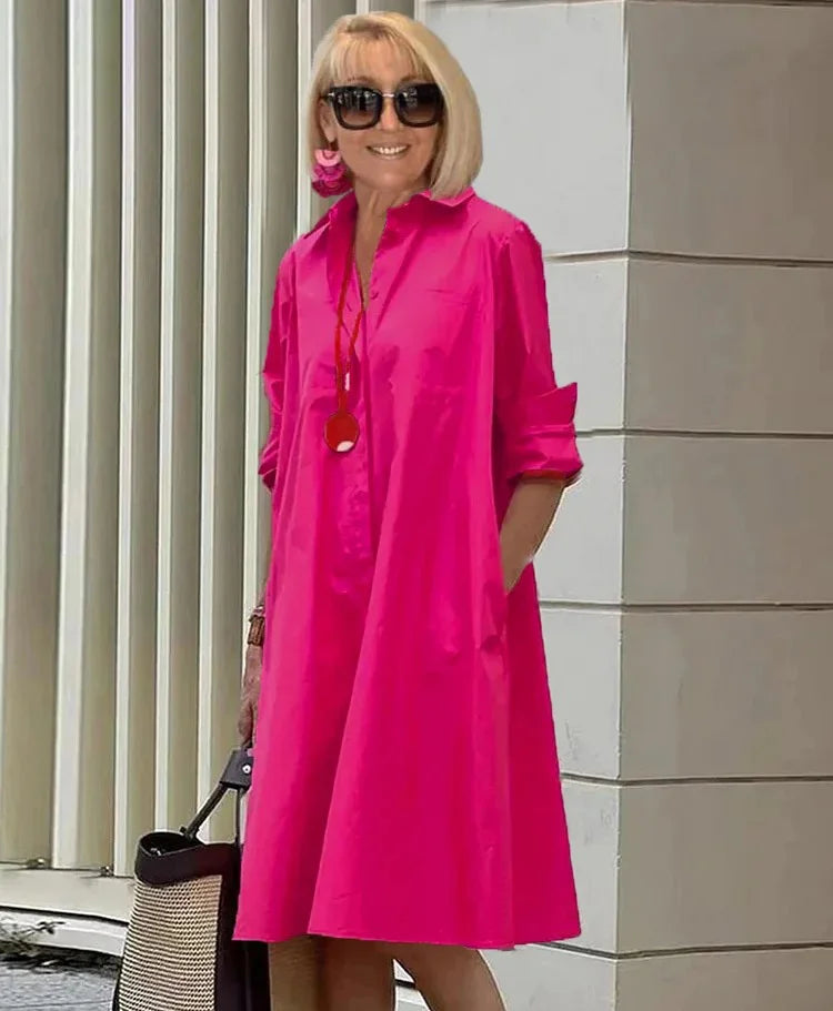 ND | Printemps/Été Nouveau Type de Mode Tempérament Col Chemise Manches Longues Pocket Robe Demi-Longue